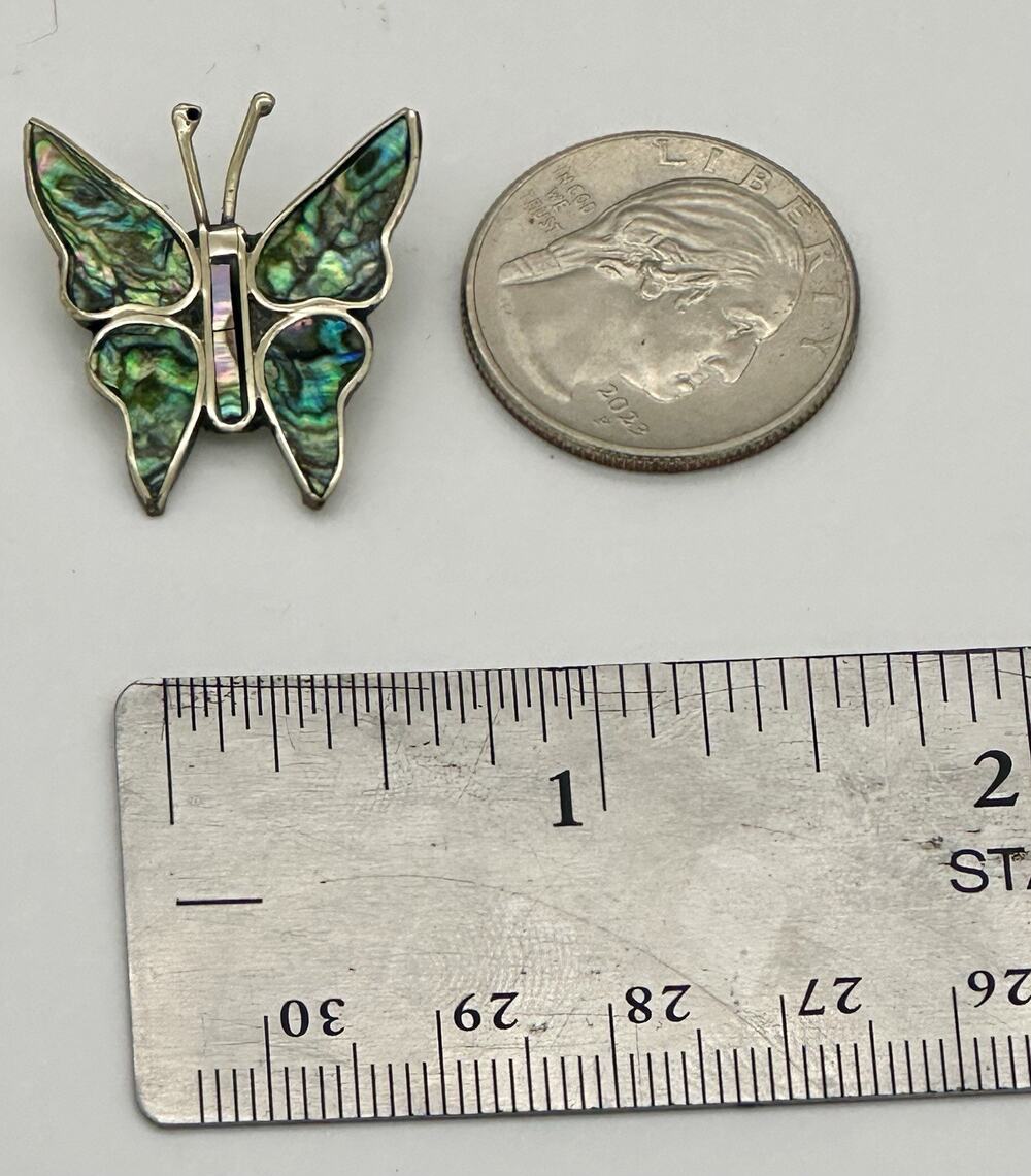 Vintage Mexico Alpaca And Abalone Shell Butterfly Pin Brooch Silver Tone